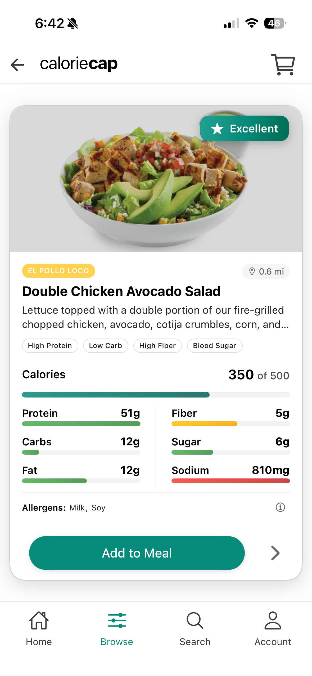 CalorieCap app showing meal details and macros