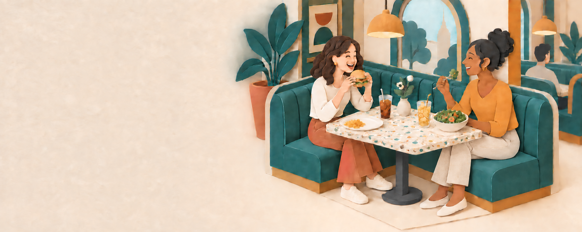 Paper sculpture illustration of friends eating at a restaurant
